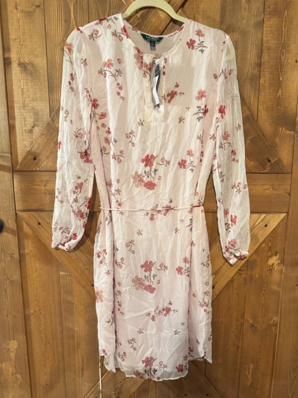 Ralph Lauren Cream Long-Sleeve Floral Tie-Waist Dress